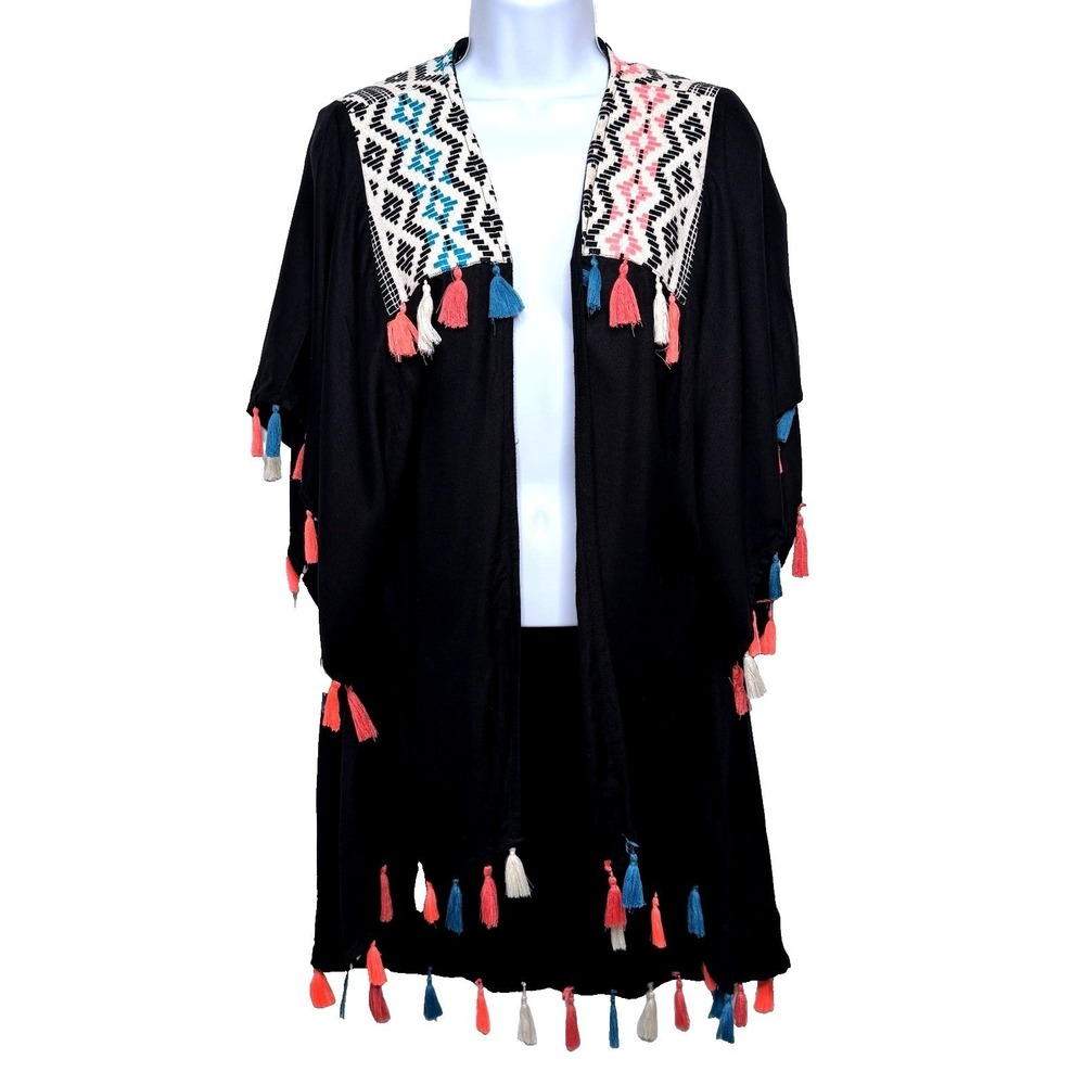 Judith‎ March Kimono Coverup Womens Sz M Black Boho Tassel Embroidered Geometric